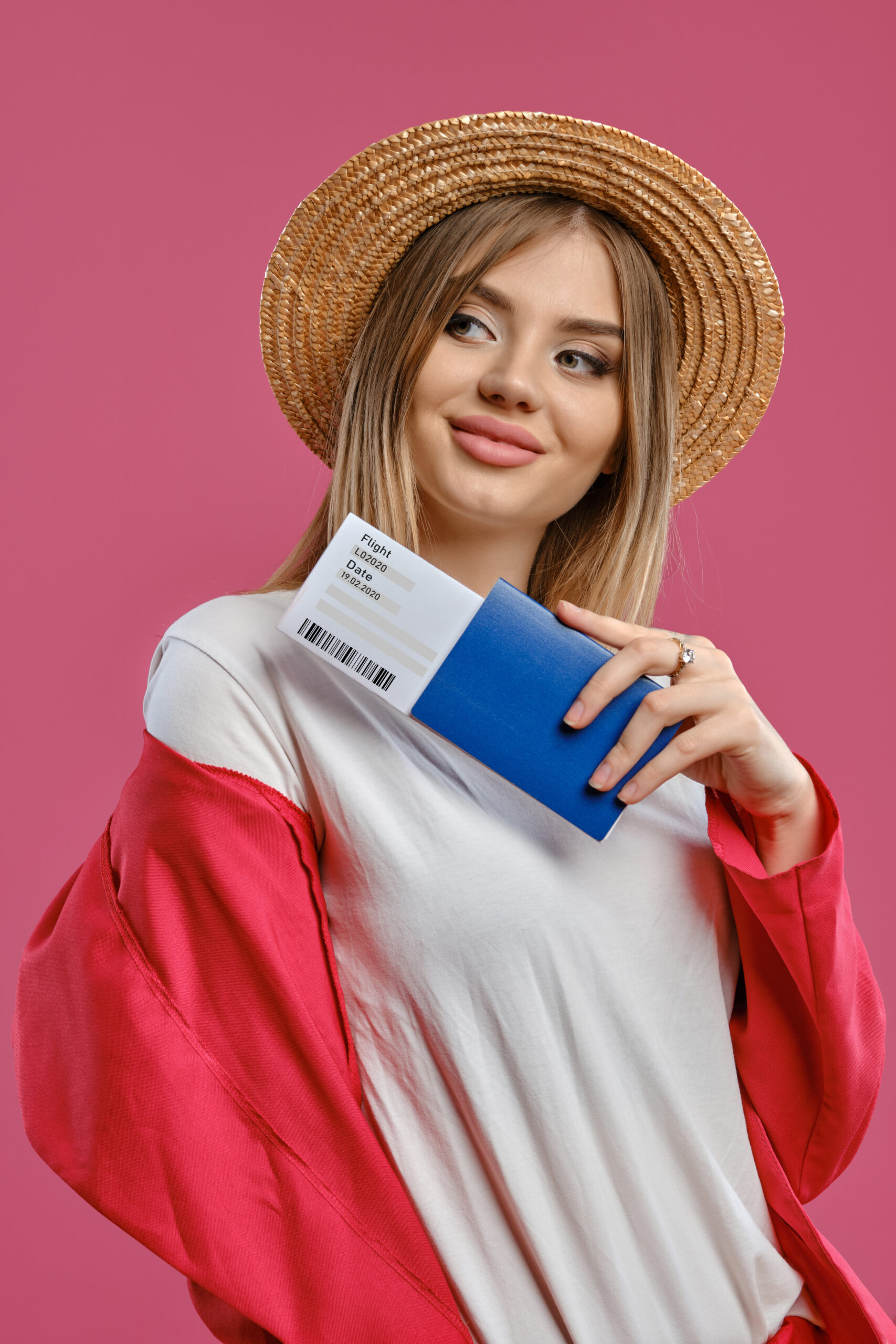 Gorgeous blonde woman in straw hat, white blouse and red pantsuit. She is smiling, holding passport and ticket while posing against pink studio background. Travelling concept. Close-up, copy space