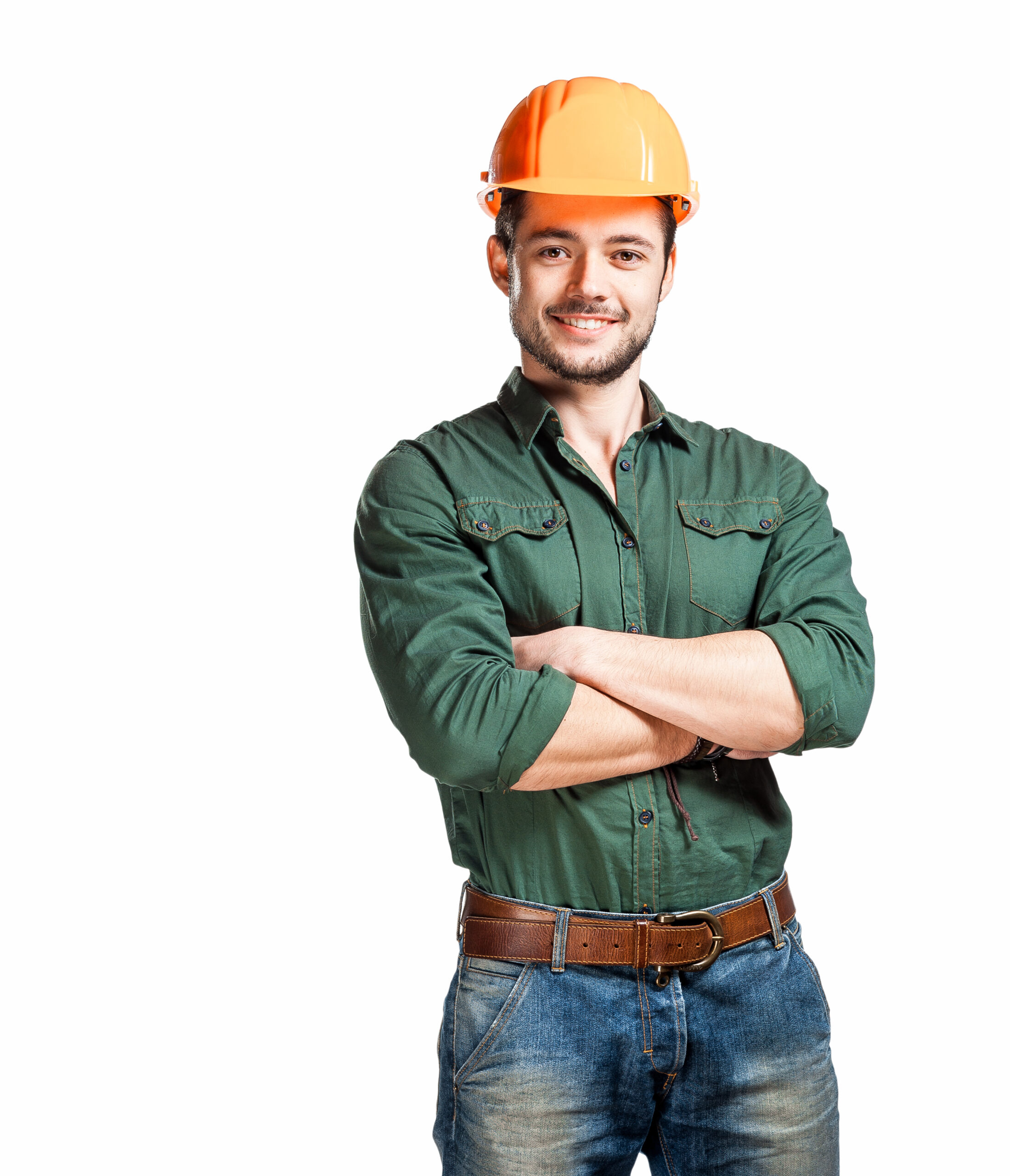 Young construction workers in hard hats on a white background